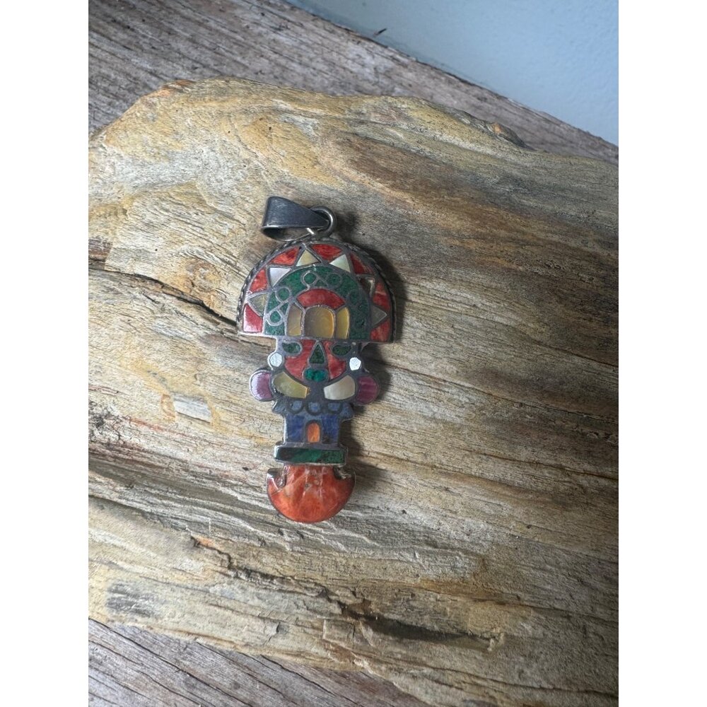 Vintage 950 Silver South American Inlay Figural Pendant Folk Art 2.5” 12.39g - Picture 7 of 7